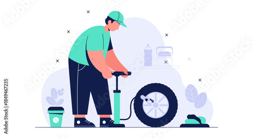 Man Inflating Tire with Air Pump.