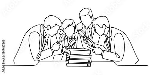 Business team carefully examining documents with magnifying glasses Vector, illustration