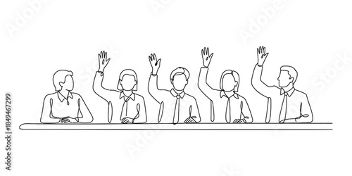 A group of individuals raising hands in a meeting or classroom setting, continuous line drawing Vector, illustration