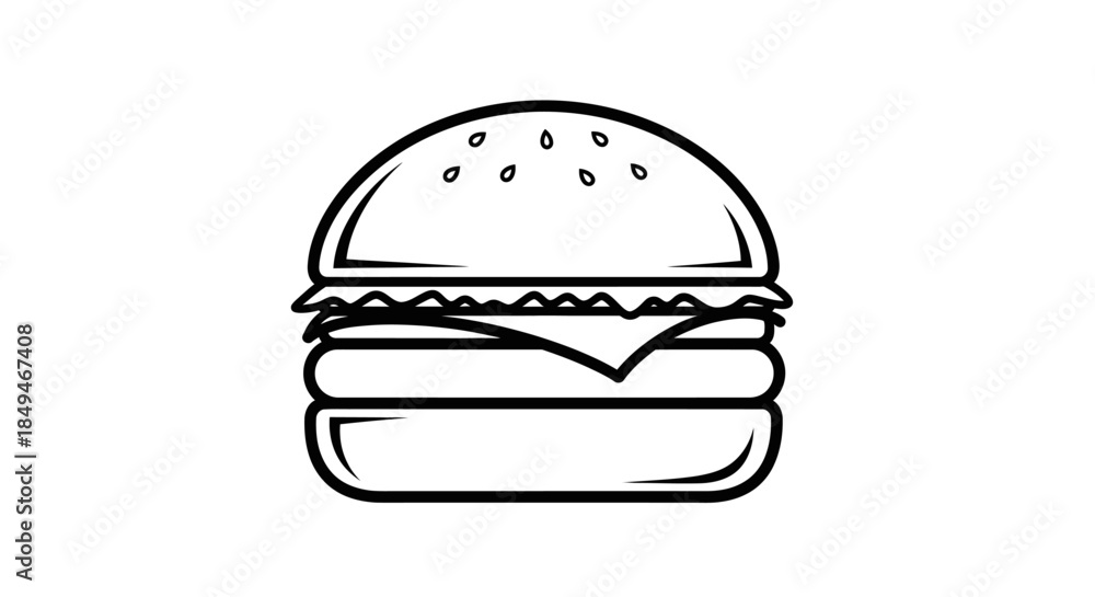 Fototapeta premium Minimalist Black Line Art Drawing Of A Hamburger With Sesame Seeds Cheese Lettuce And Beef Patty On A Clean White Background