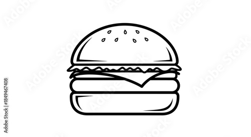Minimalist Black Line Art Drawing Of A Hamburger With Sesame Seeds Cheese Lettuce And Beef Patty On A Clean White Background
