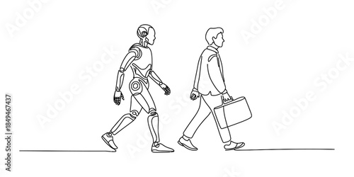 A continuous line drawing illustrating the co-existence of a robot and a human businessman Vector, illustration
