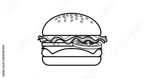 Minimalist Black And White Hamburger Icon Featuring Sesame Seed Bun Lettuce Tomato Cheese And Beef Patty On White Background