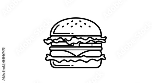 Minimalist Black Line Art Double Cheeseburger Icon On White Background With Lettuce And Sesame Seeds Bun