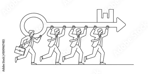 Group of businessmen running and collaborating to carry a giant key, symbolizing teamwork and success Vector, illustration