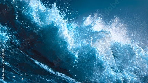 Fototapeta Naklejka Na Ścianę i Meble -  Powerful ocean wave breaking with dramatic blue water and white spray under a clear sky