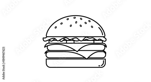 Minimalist Black And White Line Art Icon Of A Cheeseburger With Sesame Seeds Lettuce And Patty On White Background