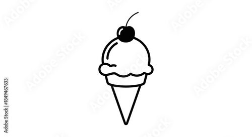 Minimalist Black And White Pixel Art Illustration Of An Ice Cream Cone With Scoop And Cherry On Top Isolated On White Background