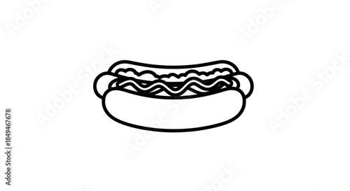 Minimalist Black And White Line Art Illustration Of A Hot Dog With Mustard Topping On A White Background For Food Menu And Icon Design