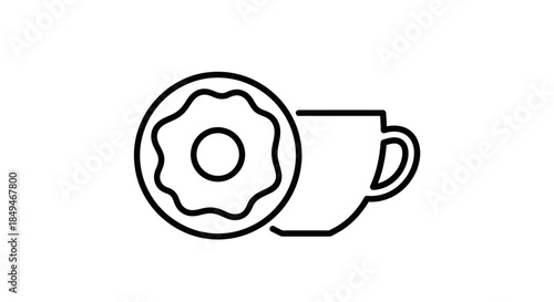 Minimalist Black Line Art Icon Of A Glazed Donut And Coffee Cup Isolated On White Background Representing Breakfast And Cafe Concept