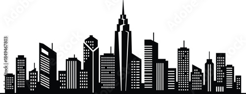 Black and white city skyline silhouette with diverse architecture, ideal for urban design, metropolitan branding, and modern city visuals