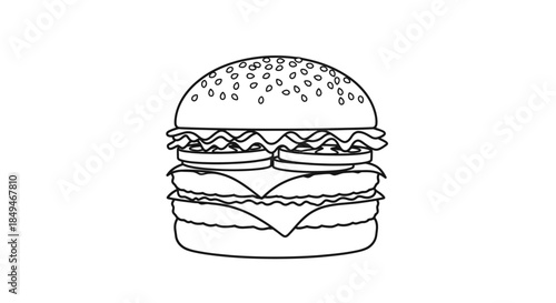 Minimalist Black And White Pixel Art Illustration Of A Double Cheeseburger With Sesame Seeds Lettuce And Tomato On A White Background