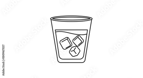 Minimalist Black And White Line Art Illustration Of A Glass Tumbler Filled With Liquid And Three Ice Cubes On White Background