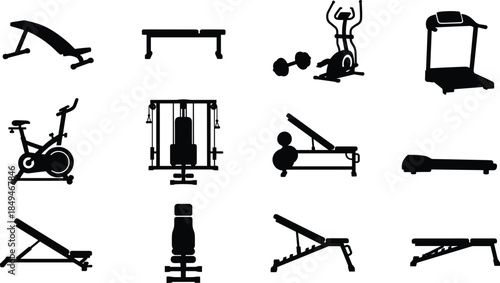Black silhouette icons of gym and fitness equipment in grid layout, showcasing workout machines, benches, and cardio tools.