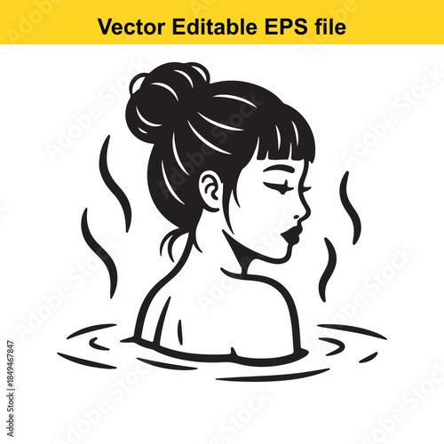  black and white vector illustration of a woman in a bath or hot tub with steam rising