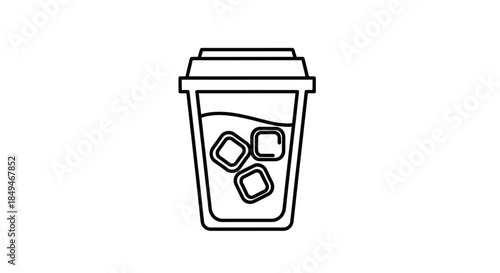 Minimalist Black And White Line Art Icon Of An Iced Coffee Cup With Lid And Three Ice Cubes Inside On White Background