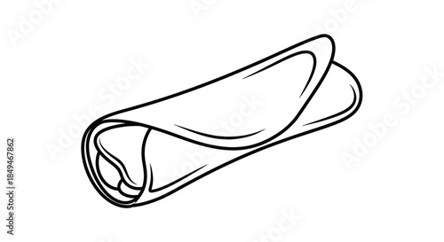 Minimalist Black And White Line Art Sketch Of A Rolled Crepe Or Pancake Filled With Ingredients Showing Soft Folded Texture On White Background