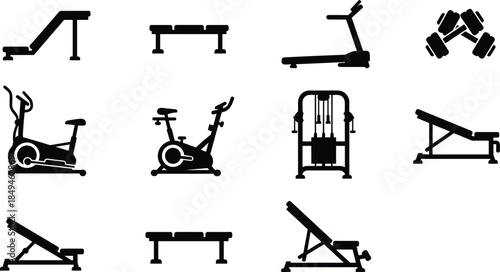Black silhouette icons of gym equipment in grid layout, showcasing workout machines, benches, and fitness tools for training visuals.