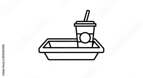 Minimalist Black And White Line Art Illustration Of Fast Food Tray With Drink Cup And Straw Isolated On White Background