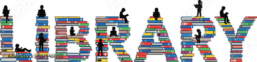 Creative library typography made from colorful book stacks with reading children silhouettes, ideal for literacy, education, and imagination themes