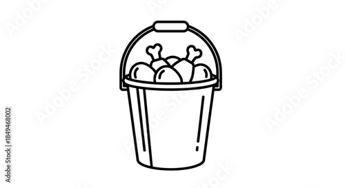 Minimalist Black And White Pixel Art Illustration Of A Bucket Filled With Fried Chicken Drumsticks Isolated On A Plain White Background