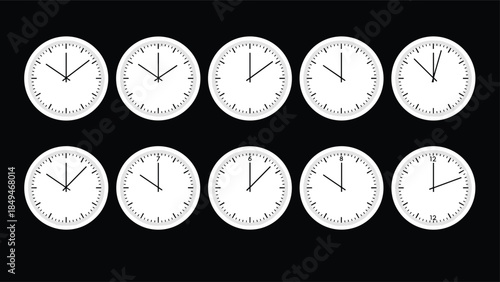 Analog clock grid showing varied times on black background, ideal for time-telling education, scheduling visuals, and conceptual design themes