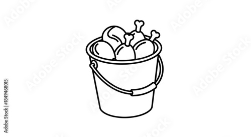 Minimalist Black Line Art Illustration Of A Fast Food Bucket Filled With Fried Chicken Drumsticks Isolated On A Clean White Background For Menu Design