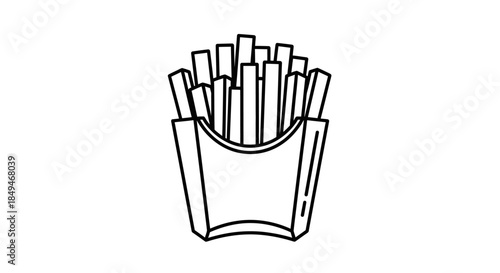 Minimalist black and white line art illustration of french fries in a carton box suitable for fast food menu icons and graphic design
