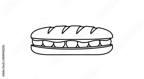 Minimalist Black And White Line Art Illustration Of A Long Baguette Sandwich With Fillings Isolated On A Plain White Background For Coloring