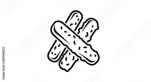 Minimalist Black Line Drawing Of Three Speckled Ladyfinger Biscuits Or Breadsticks Stacked In A Crisscross Pattern On White Background