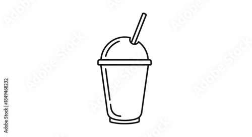 Minimalist Black Line Art Illustration Of A Takeaway Drink Cup With Dome Lid And Straw On Plain White Background For Menu Design
