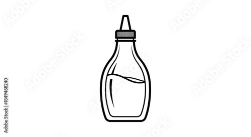 Minimalist Black And White Line Art Icon Of A Squeeze Condiment Bottle With Liquid Level Halfway Full Isolated On White Background