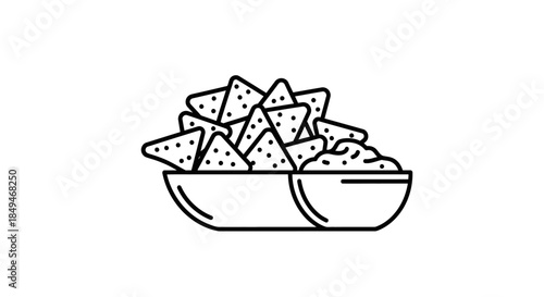 Minimalist Black And White Line Art Icon Of Tortilla Chips In A Bowl With Crunchy Texture And Simple Geometric Design On White Background