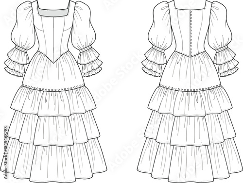 Women corset bodice tiered maxi dress technical design, front and back view, puff sleeve ruffle details, vintage inspired garment, apparel template, fashion flats, cad drawing flat vector illustration