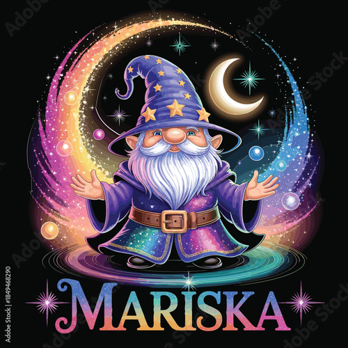 Magical fantasy wizard with rainbow sparkles, cosmic stars, and personalized name Mariska in vibrant enchanted night sky illustration