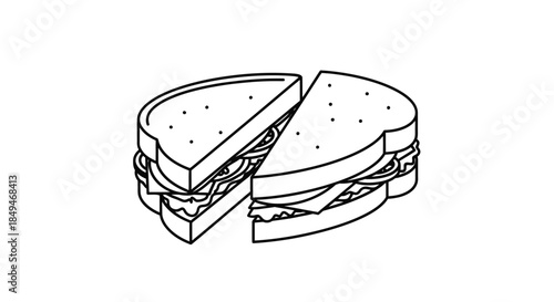 Minimalist Black And White Line Art Drawing Of A Sandwich Cut Diagonally Into Two Halves Showing Bread Lettuce And Meat Fillings On White Background