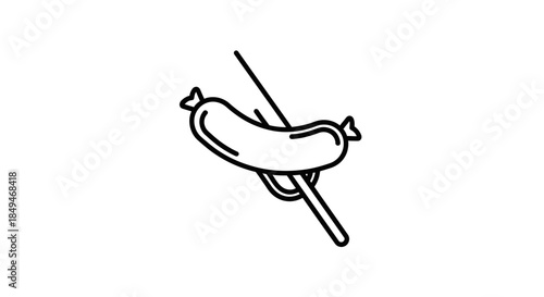 Minimalist Black Line Art Drawing Of A Grilled Sausage Skewered On A Stick Isolated On A Clean White Background