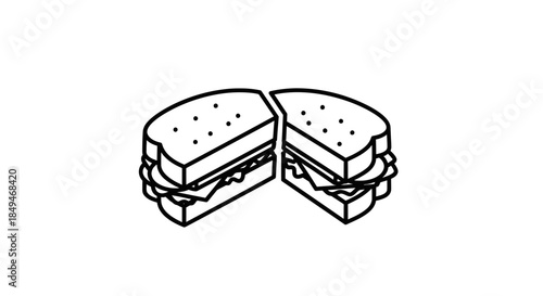 Minimalist Black And White Line Art Icon Of A Sandwich Cut In Half Showing Layers Of Bread Lettuce And Filling On White Background