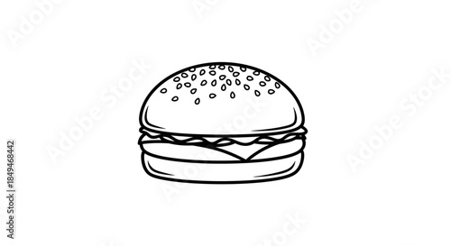 Minimalist Black And White Pixel Art Illustration Of A Hamburger With Sesame Seed Bun And Simple Ingredients On A Plain White Background