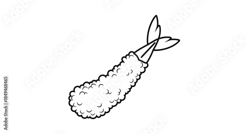 Minimalist Black And White Line Art Illustration Of A Single Piece Of Fried Shrimp Tempura With Crispy Texture Isolated On White Background