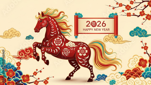 Vibrant red horse with floral patterns celebrates 2026 happy new year with colorful clouds