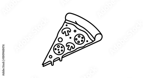 Minimalist Black And White Line Art Illustration Of A Single Slice Of Pizza With Pepperoni And Mushroom Toppings Dripping Cheese On White Background