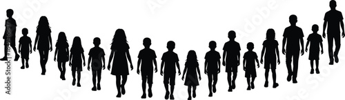 Silhouettes of children arranged by height in curved line, ideal for growth, age progression, education, and demographic visuals