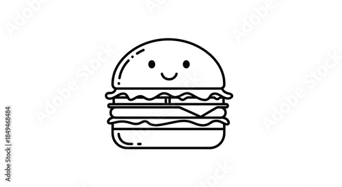 Cute Pixel Art Hamburger Icon With Smiling Face In Black And White Line Art Style Isolated On White Background