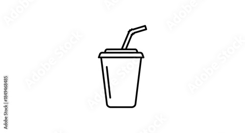 Minimalist Black Line Art Illustration Of A Disposable Drink Cup With Lid And Straw On A White Background Simple Fast Food Beverage Icon Design