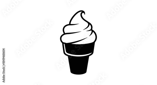 Minimalist black and white icon illustration of a soft serve ice cream cone with swirl top and solid dark cone base on isolated white background