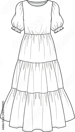Women tiered maxi dress technical design, front view puff sleeve style, gathered skirt silhouette, feminine garment, apparel template, fashion flats, cad drawing flat vector illustration