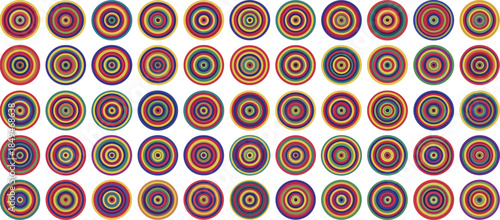 Vibrant concentric circle grid with colorful geometric rings in symmetrical layout, ideal for abstract backgrounds, design patterns, and visual studies
