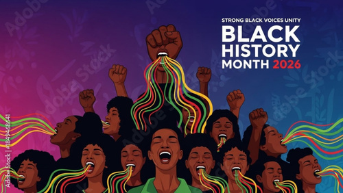 Diverse group of people celebrating unity and black history with raised fists and colorful wavy