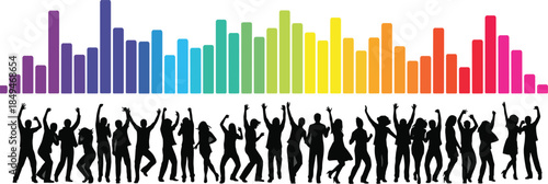 Vibrant dancing silhouettes with colorful equalizer bars, perfect for party themes, music events, nightlife, and entertainment visuals